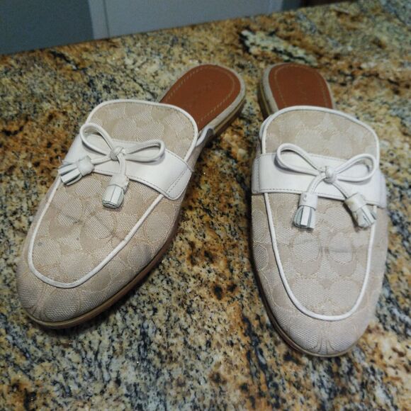 Coach Stassi Signature Jacquard Flats Slides FG2709 Light Khaki Womens Size 10 B - Picture 3 of 11